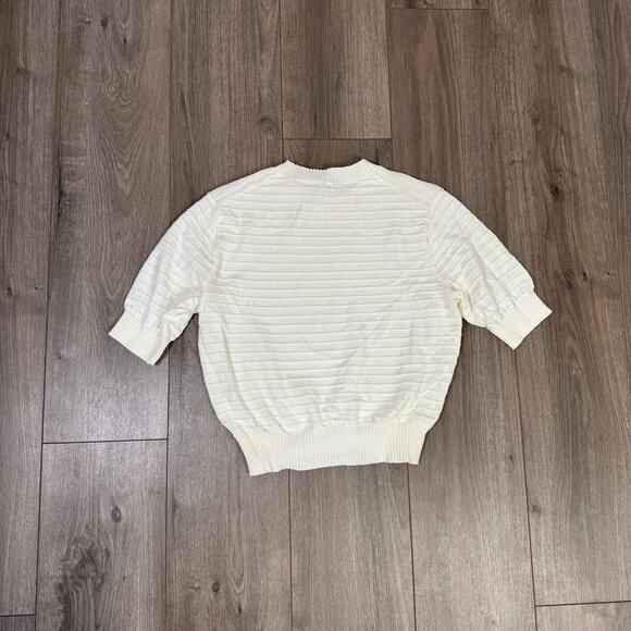 Madewell Textural-Stitch Cotton Sweater Womens M Cream Ribbed Trim Short Sleeve - Picture 6 of 8